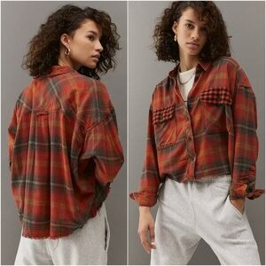 BDG Rayne Plaid Flannel Boxy Cropped Button-Down Shirt Small